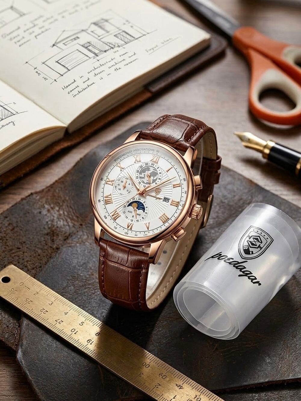 POEDAGAR Men's Quartz Moon Phase Date Multi-Dial Watch Brown Leather Strap